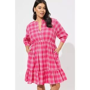 NEW Torrid Midi Dress Women's Plus Size 2X Pink Plaid Voile Mandarin Collar